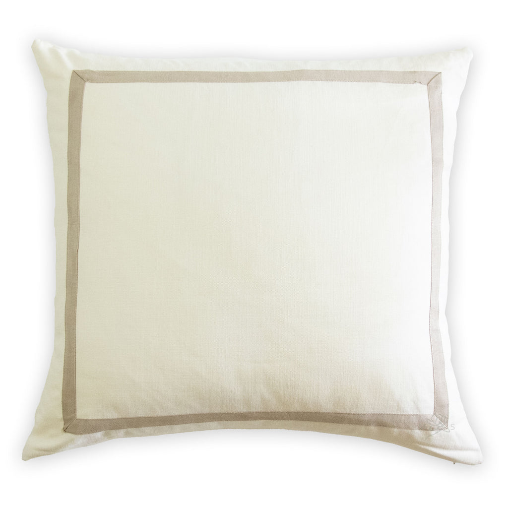 Custom Designer Mitered Latte Brown Trim Solid White Pillow