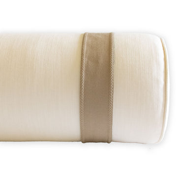 stain resistant ivory performance fabric bolster with inset soft brown tape trim