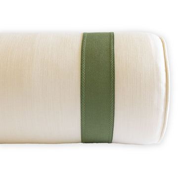 stain resistant ivory performance fabric bolster with inset leaf green tape trim