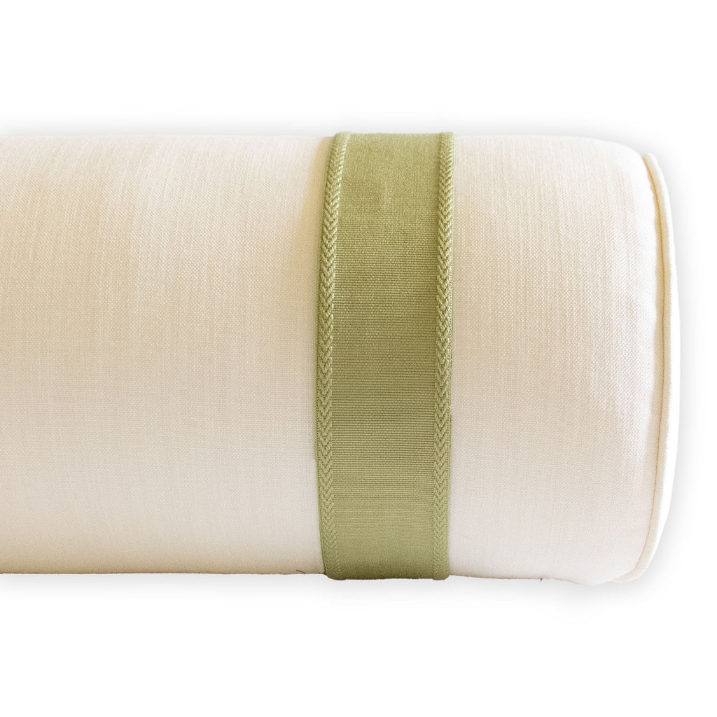 stain resistant ivory performance fabric bolster with inset pear green tape trim